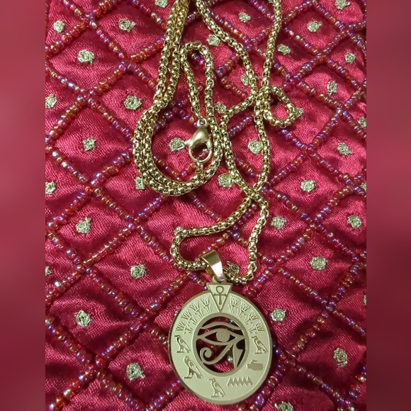 Mythological Egyptian Pendant Necklace-Gold Color Metal Evil Eye Unisex Jewelry - Picture 5 of 10